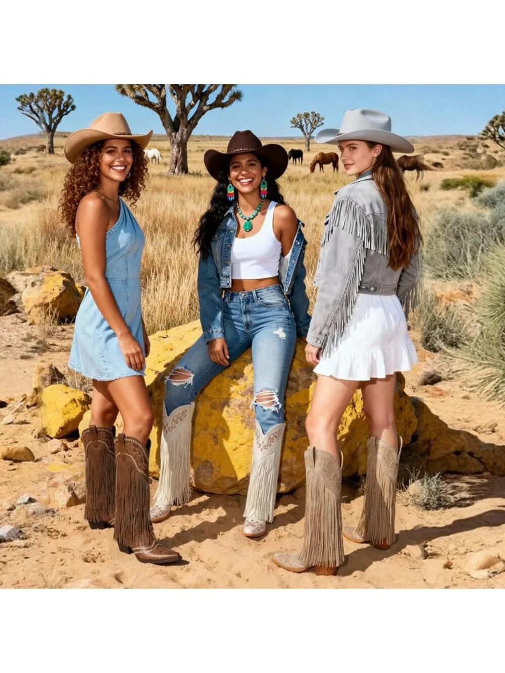 Women's Tan Knee High Pointed Toe Fringe Cowboy Mid Block Heel Boots